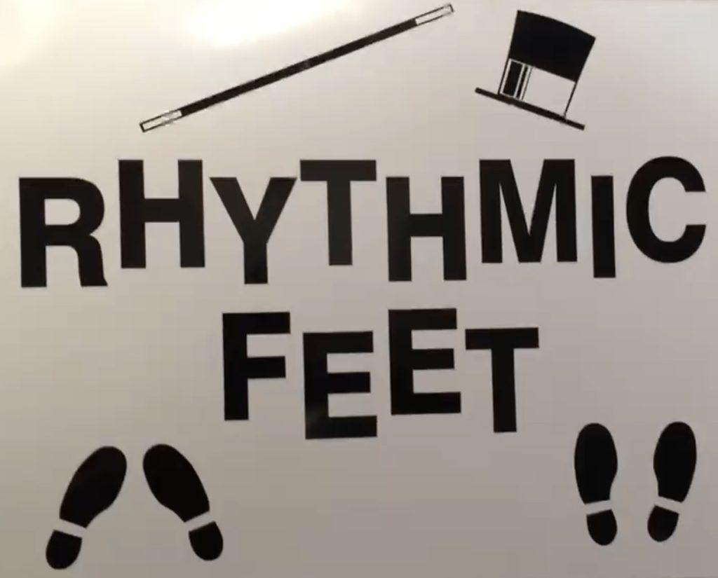 Site logo for Rhythmic Feet website, with cane and top hat and dancer footprints.